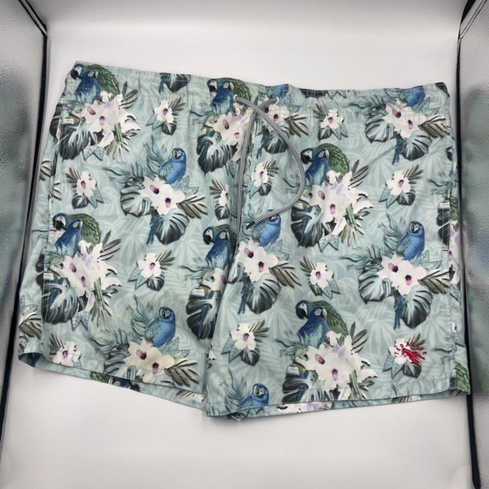 Ted Baker Men's 5" Light Blue Tropical Parrot Floral Swim Trunks Size 4